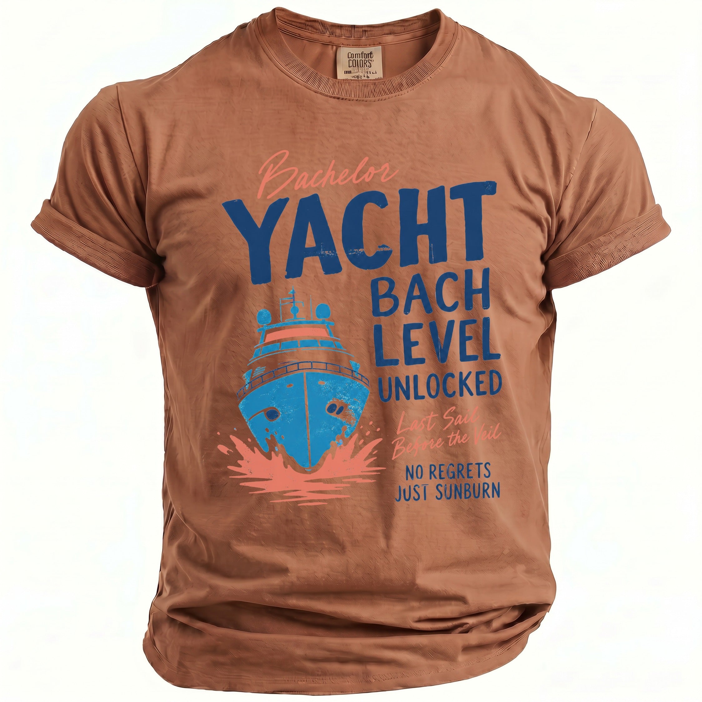 Brown t-shirt with blue and pink text and a yacht graphic.
