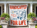 Banner with "Handicapped for Life", a golf cart, and bachelor party details.