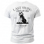 White t-shirt with "Last Swing Before the Ring," golf bag, and "Kenneth Miami, FL" printed on the back.