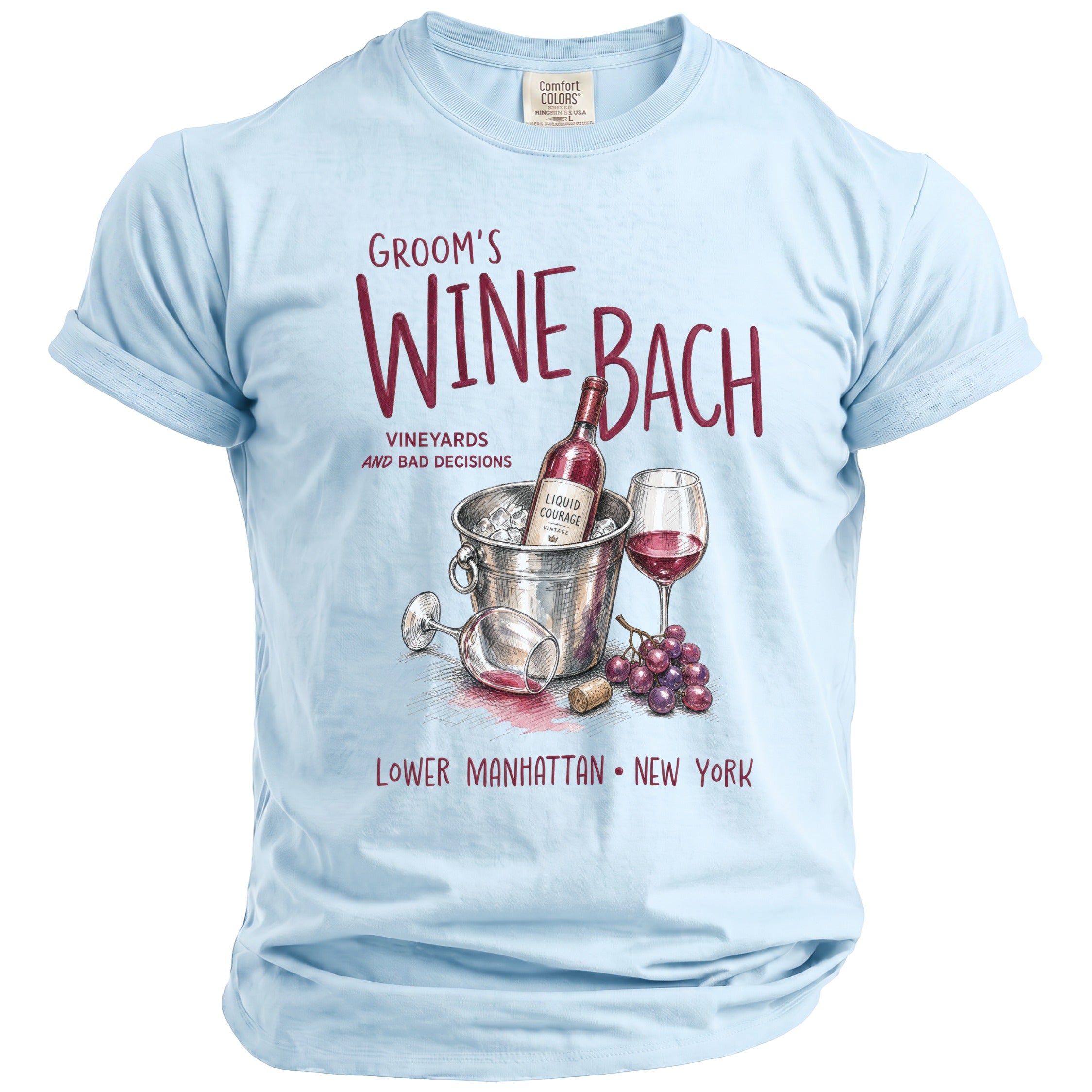 Light blue t-shirt with "Groom's Wine Bach" text and wine graphics.
