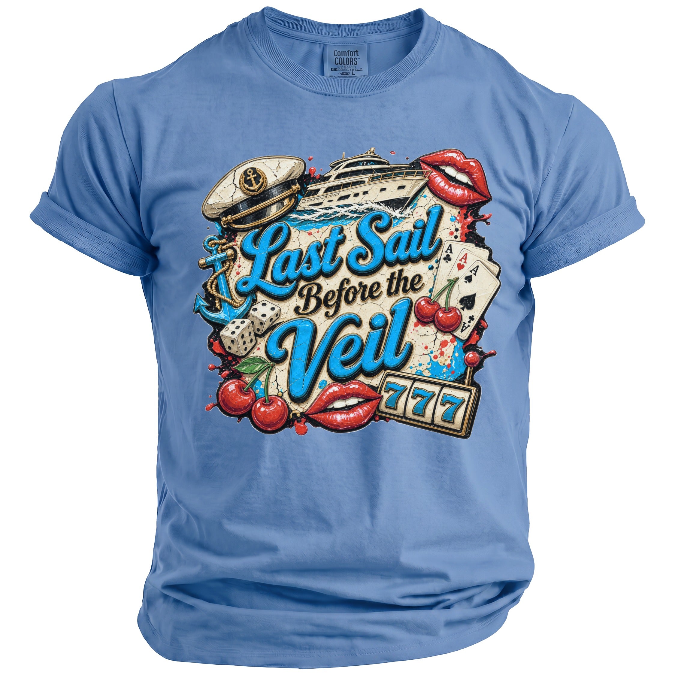 Light blue crewneck t-shirt with a vintage graphic featuring Last Sail Before the Veil text, yacht, and nautical motifs.