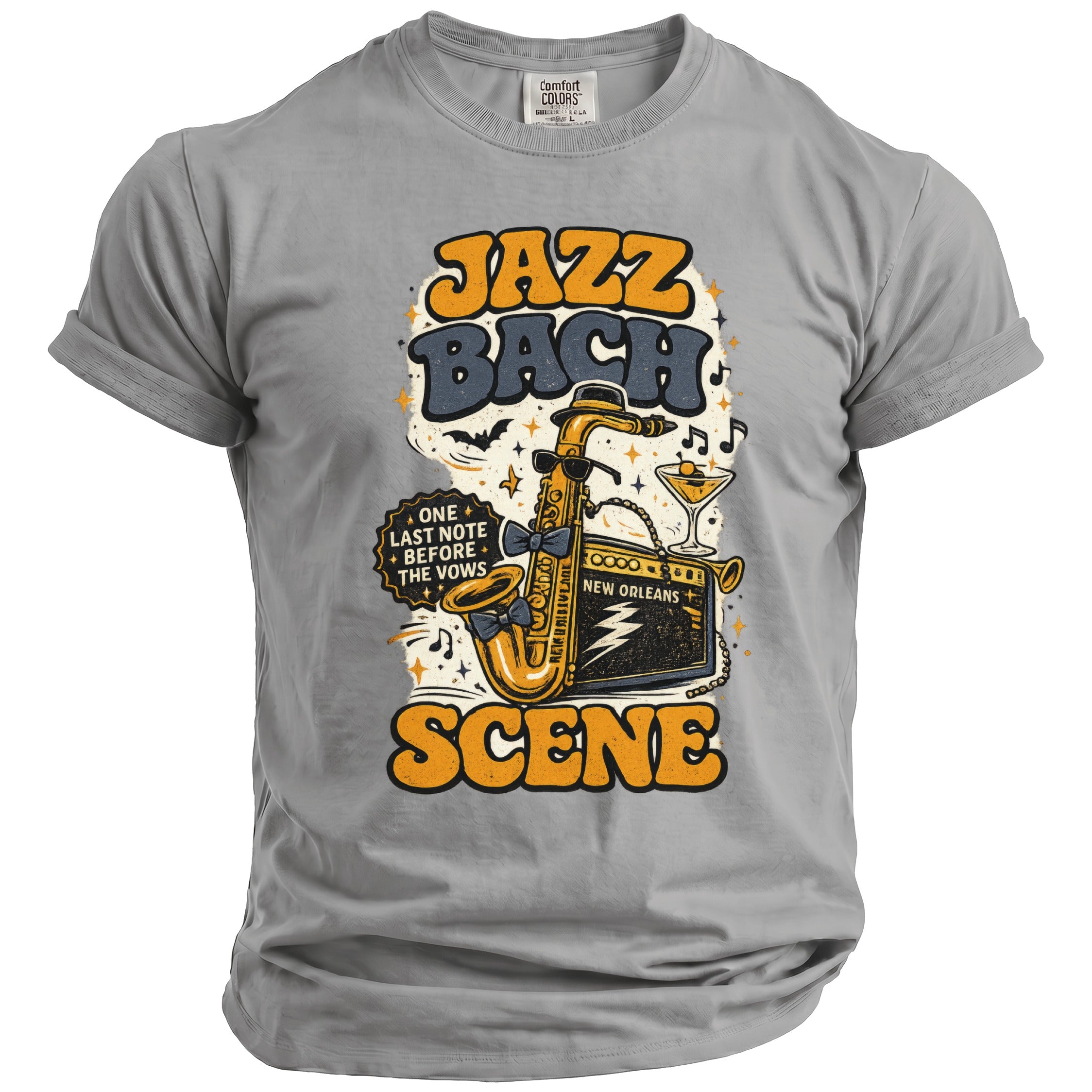 Gray t-shirt with "Jazz Bach" and "New Orleans Scene" graphic.