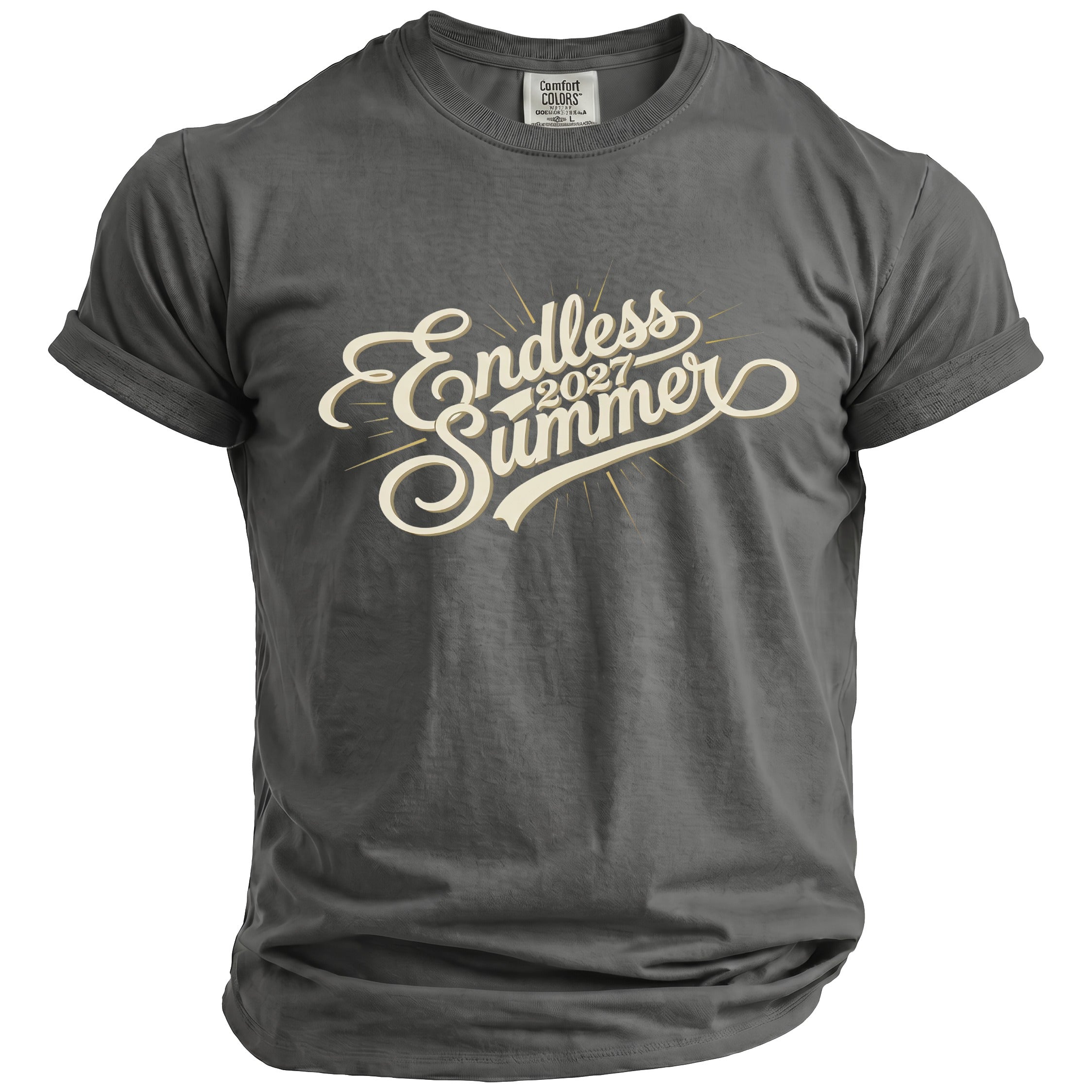 Grey t-shirt with "Endless Summer 2027" text graphic and sunbursts.
