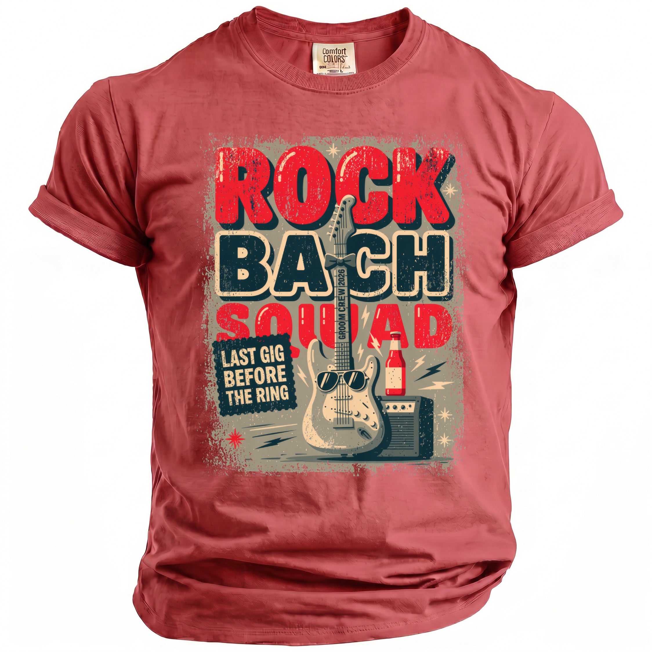 Red t-shirt with "Rock Bach Squad" graphic, guitar, and "Last Gig Before The Ring" text.