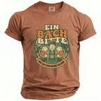 Brown t-shirt with graphic of man holding beer mugs, text reads "EIN BACH BITTE" and "ONE LAST STEIN BEFORE THE RING."