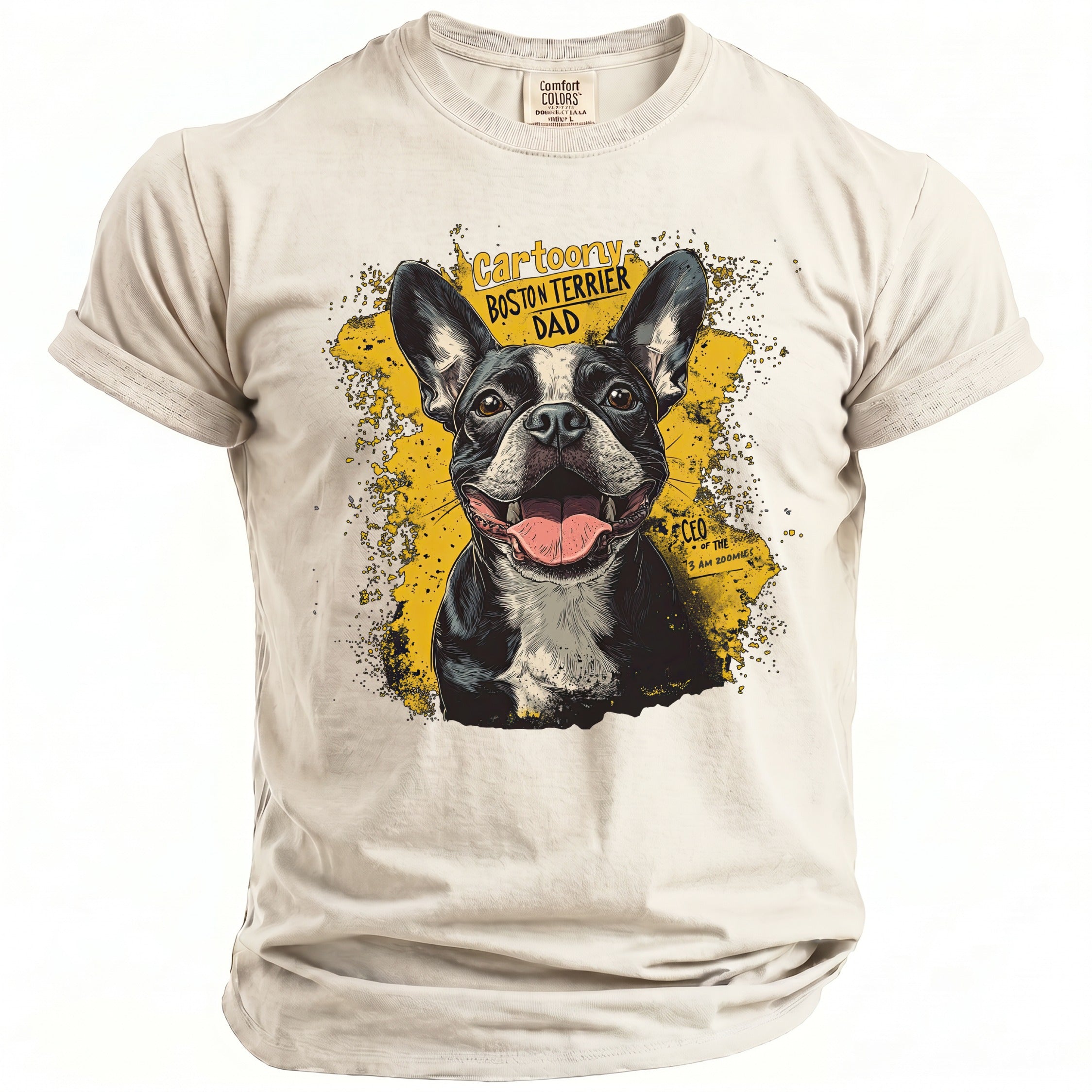 Cartoony Boston Terrier Dad text with a graphic of a Boston Terrier on a light-colored t-shirt.