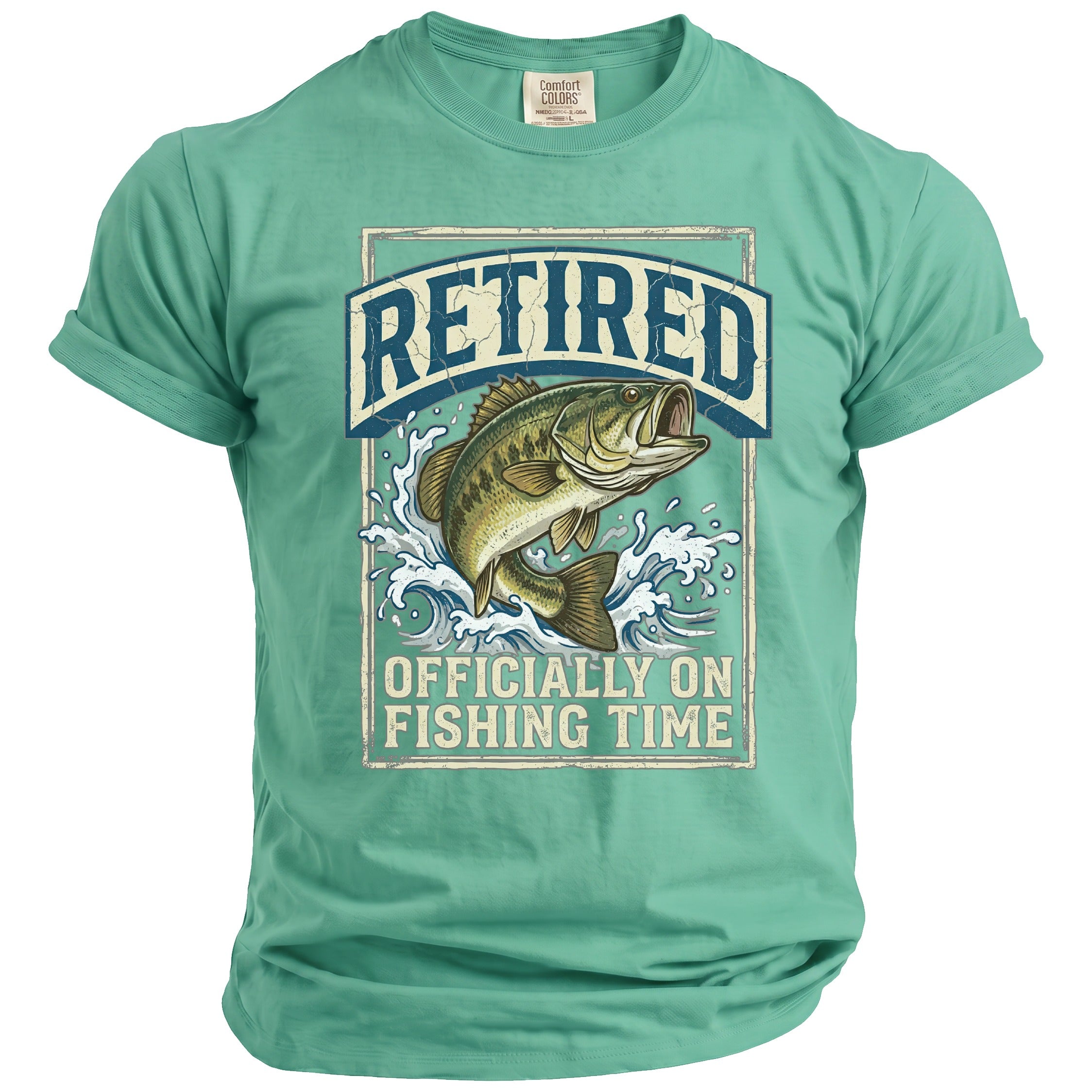 Mint green t-shirt with text "RETIRED" and a jumping bass fish graphic.