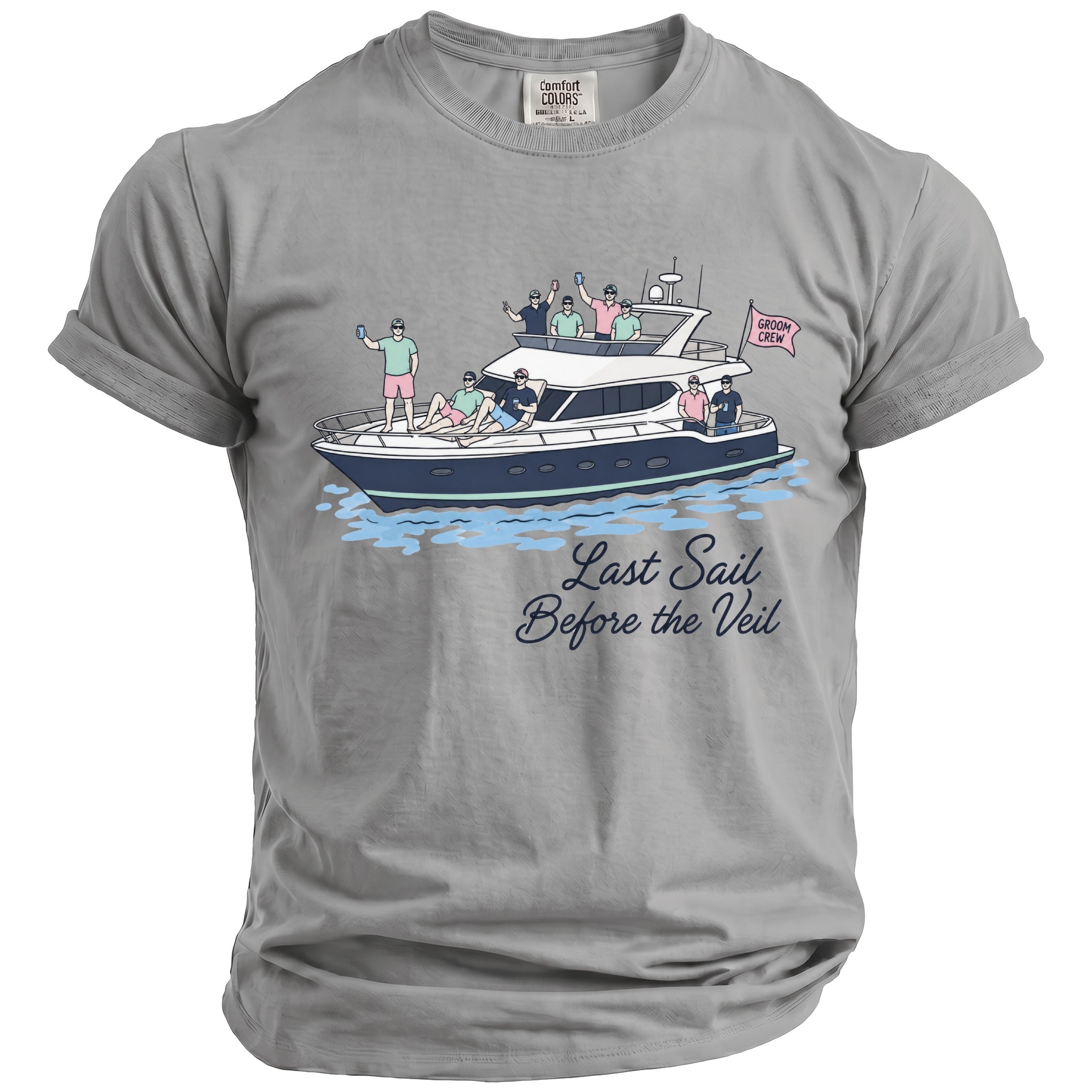T-shirt graphic of groom's crew on a yacht with text "Last Sail Before the Veil."