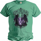 Green t-shirt with "Some Curses Follow You Home" and open gate design.