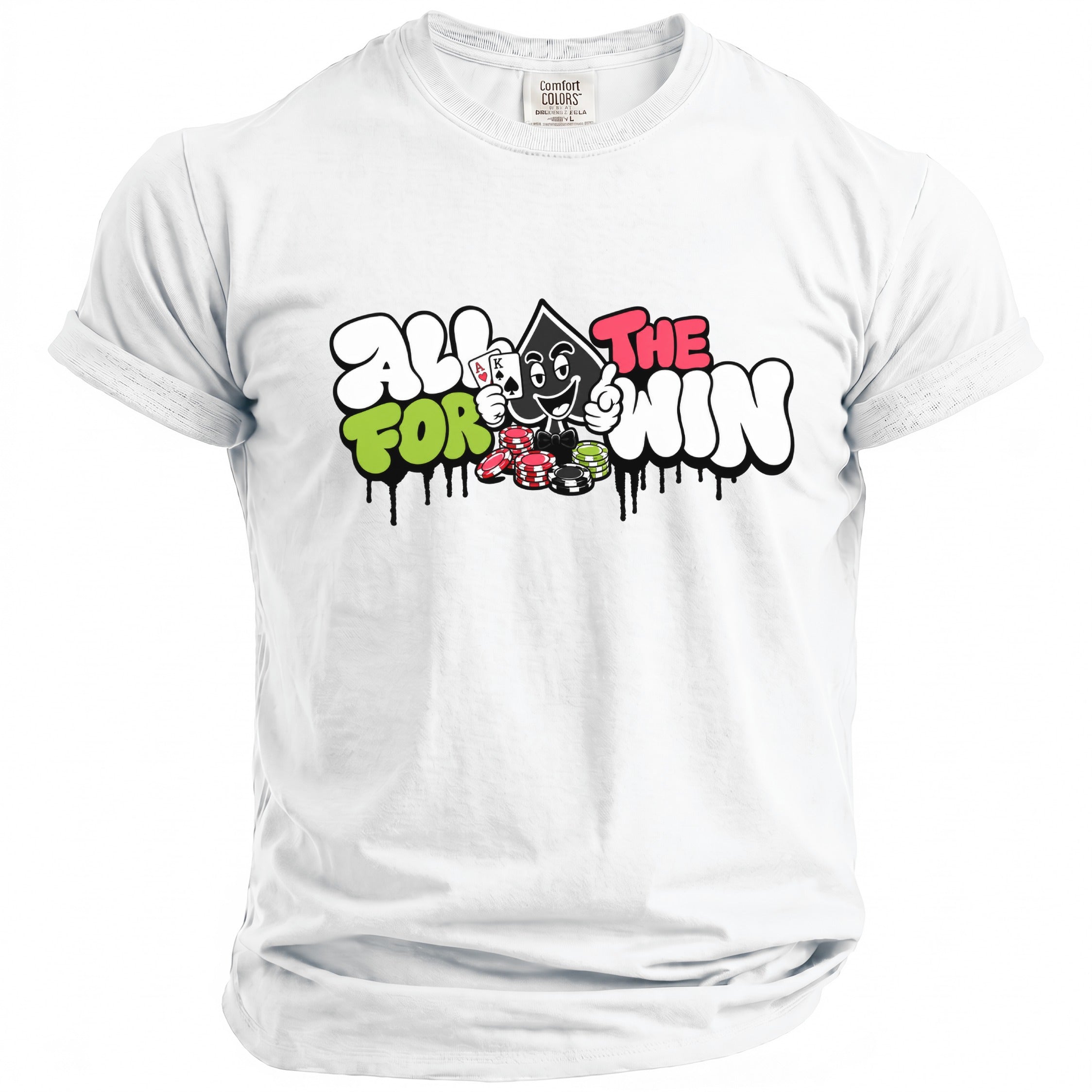 White t-shirt with "All For The Win" text and cartoon spade character with cards.