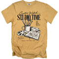 Yellow t-shirt with "Creative Weekend Studio Time" graphic featuring art supplies.