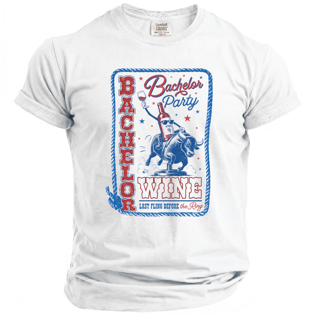 White t-shirt with Bachelor Party Wine graphic featuring a bull and wine bottle.