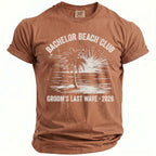 Brown t-shirt with "Bachelor Beach Club" and "Groom's Last Wave 2026" graphics.