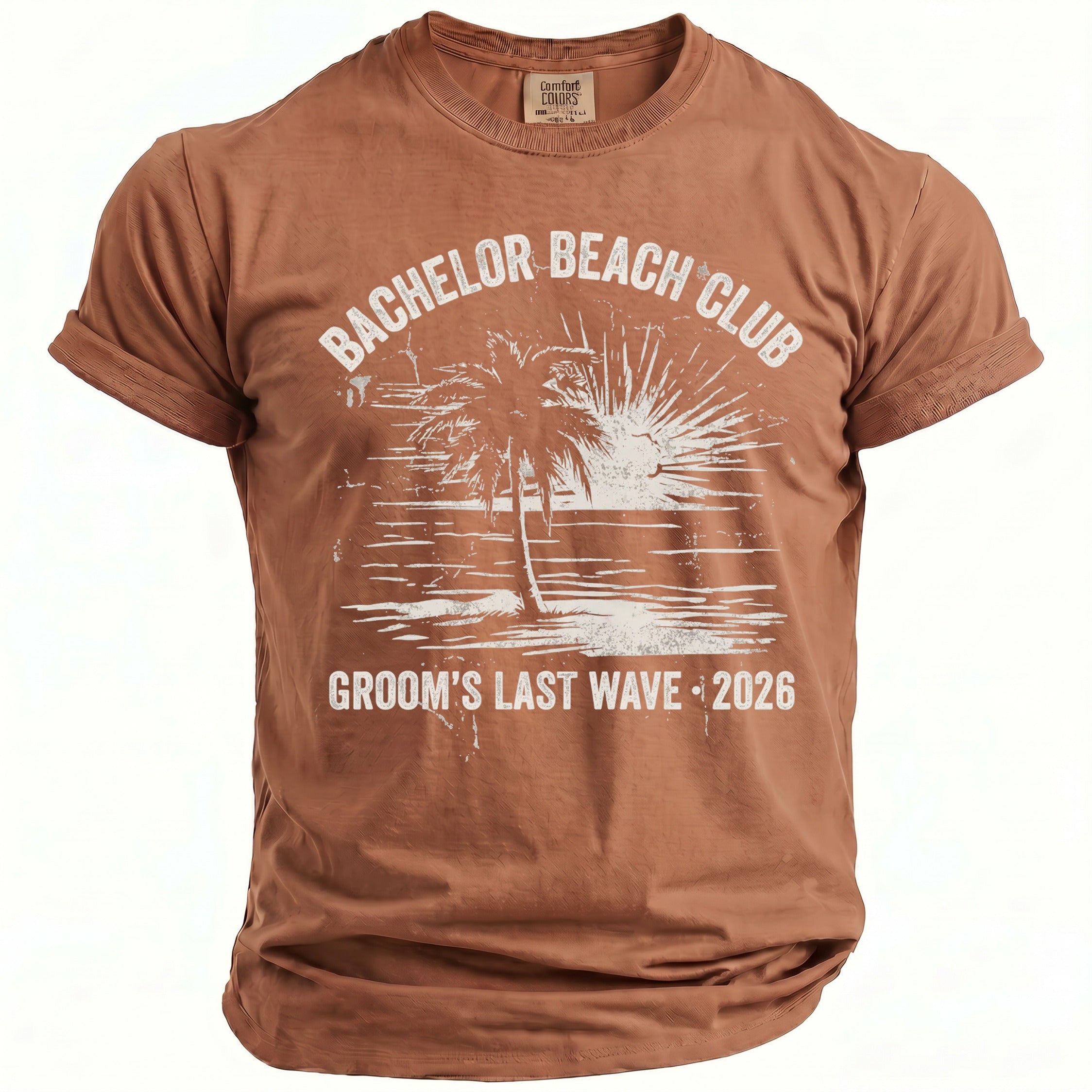Brown t-shirt with "Bachelor Beach Club" and "Groom's Last Wave 2026" graphics.