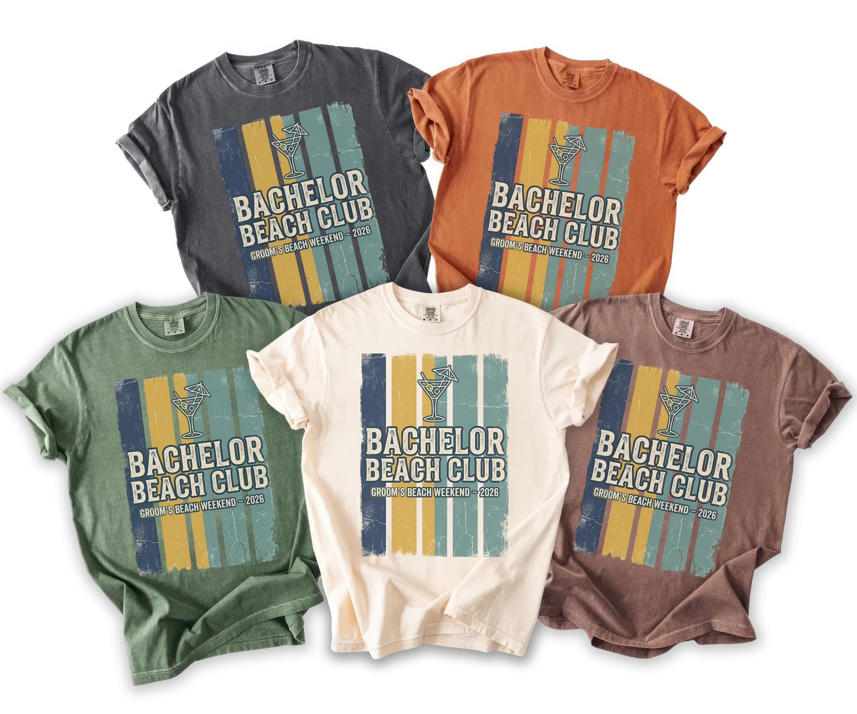 Five t-shirts in various colors with "Bachelor Beach Club Groom's Beach Weekend 2026" graphic.