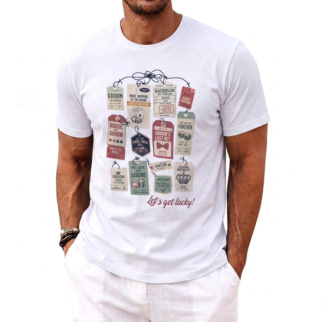 White t-shirt with graphic of hanging tags for a bachelor party, themed around casinos.