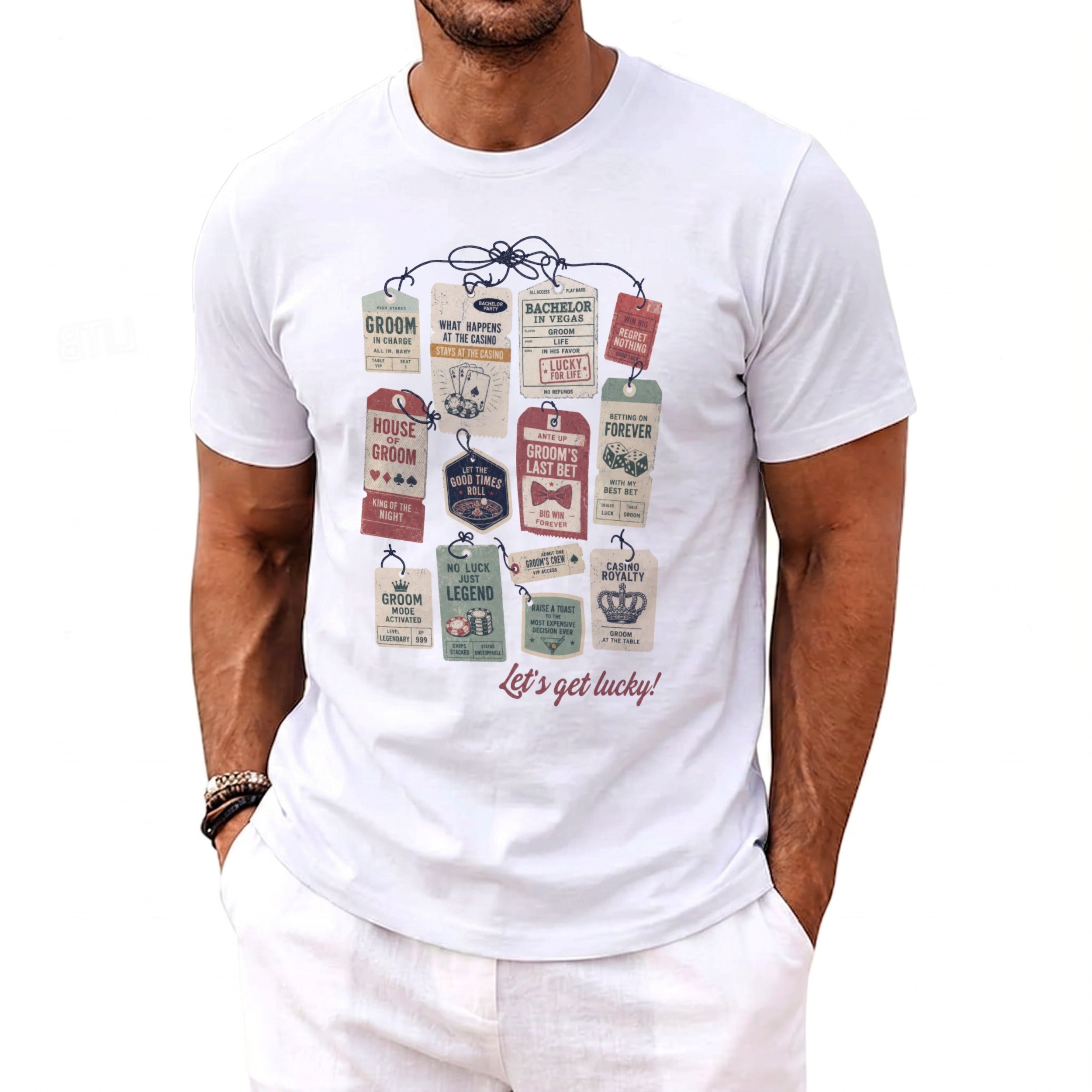 White t-shirt with graphic of hanging tags for a bachelor party, themed around casinos.