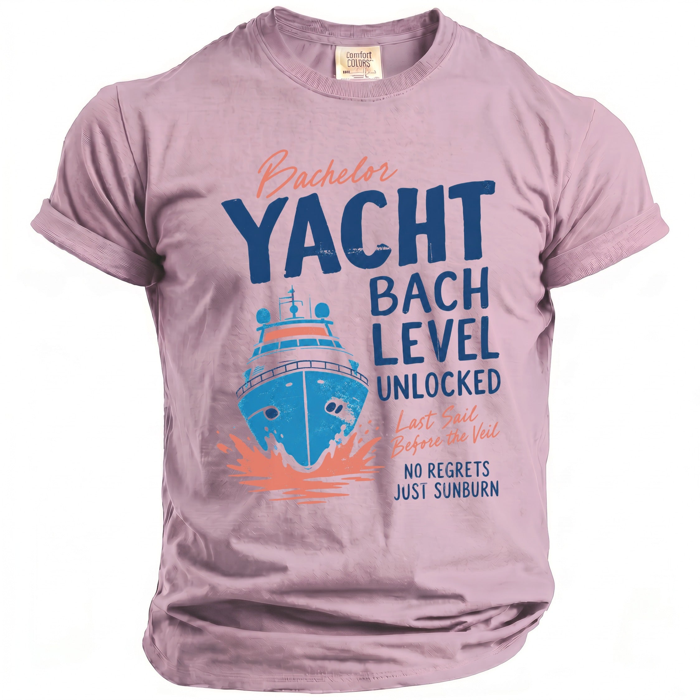 Pink t-shirt with "Bachelor Yacht Bach Level Unlocked" and boat graphic.
