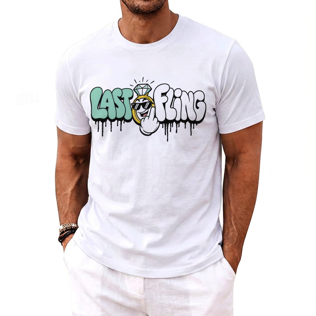 White t-shirt with "Last Fling" text featuring a cartoon ring, diamond, and middle finger.