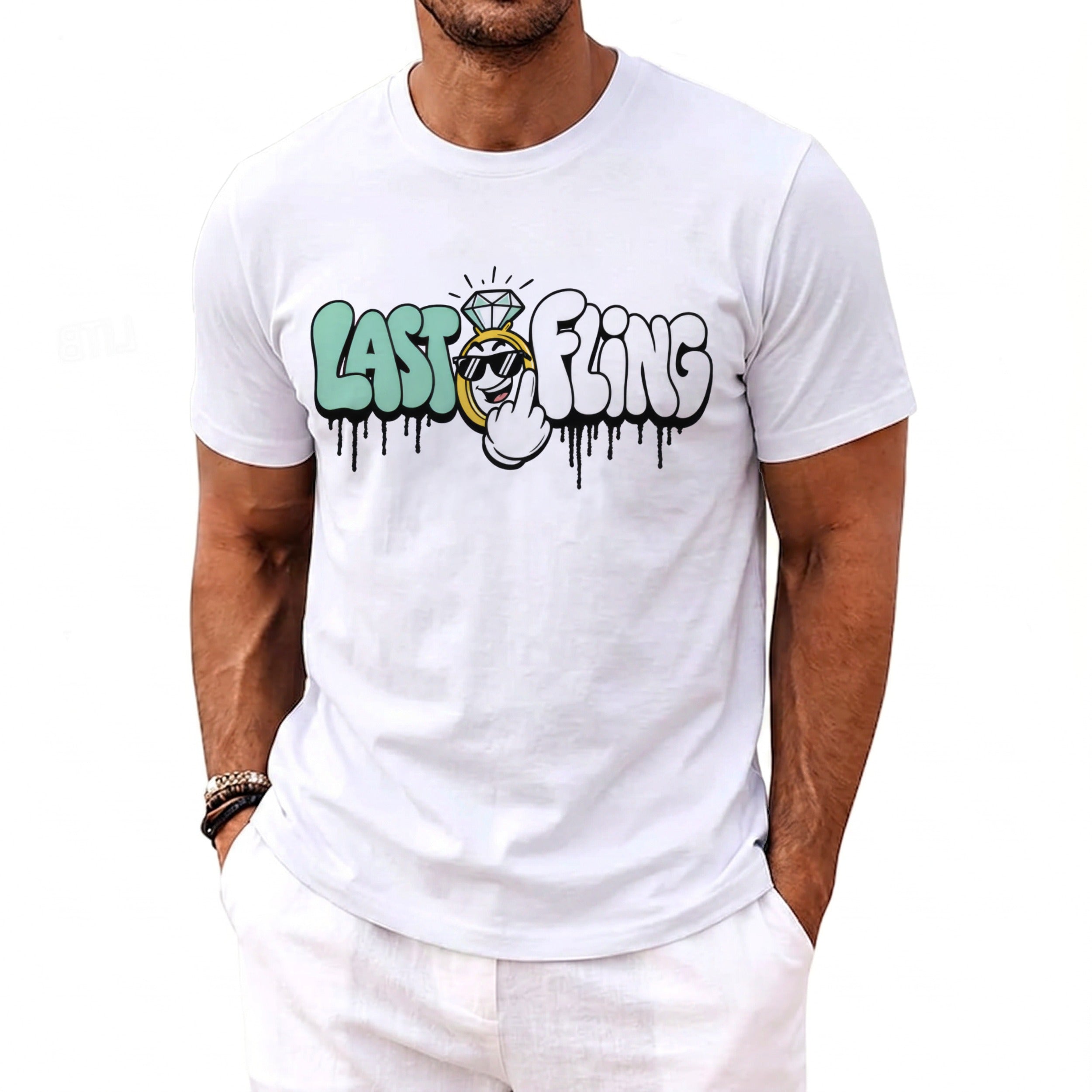 White t-shirt with "Last Fling" text featuring a cartoon ring, diamond, and middle finger.