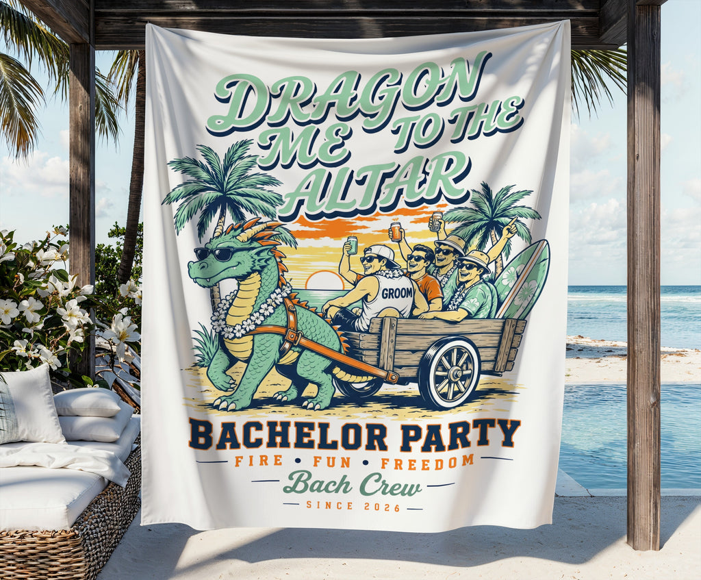 Dragon pulling a cart with groom and friends, says "DRAGON ME TO THE ALTAR BACHELOR PARTY Bach Crew".