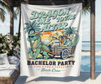 Dragon pulling a cart with groom and friends, says "DRAGON ME TO THE ALTAR BACHELOR PARTY Bach Crew".