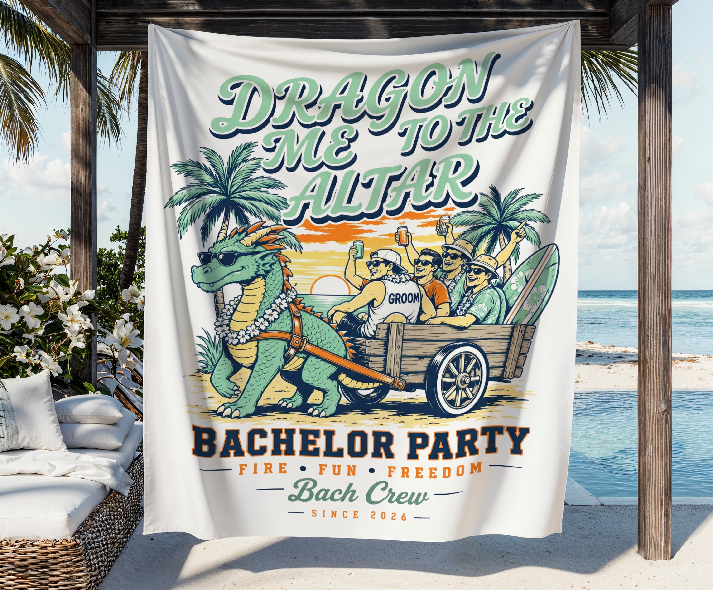 Dragon pulling a cart with groom and friends, says "DRAGON ME TO THE ALTAR BACHELOR PARTY Bach Crew".