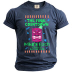 Blue t-shirt with "The Final Countdown" and tiki design for Mike's Bach in Malibu, CA.