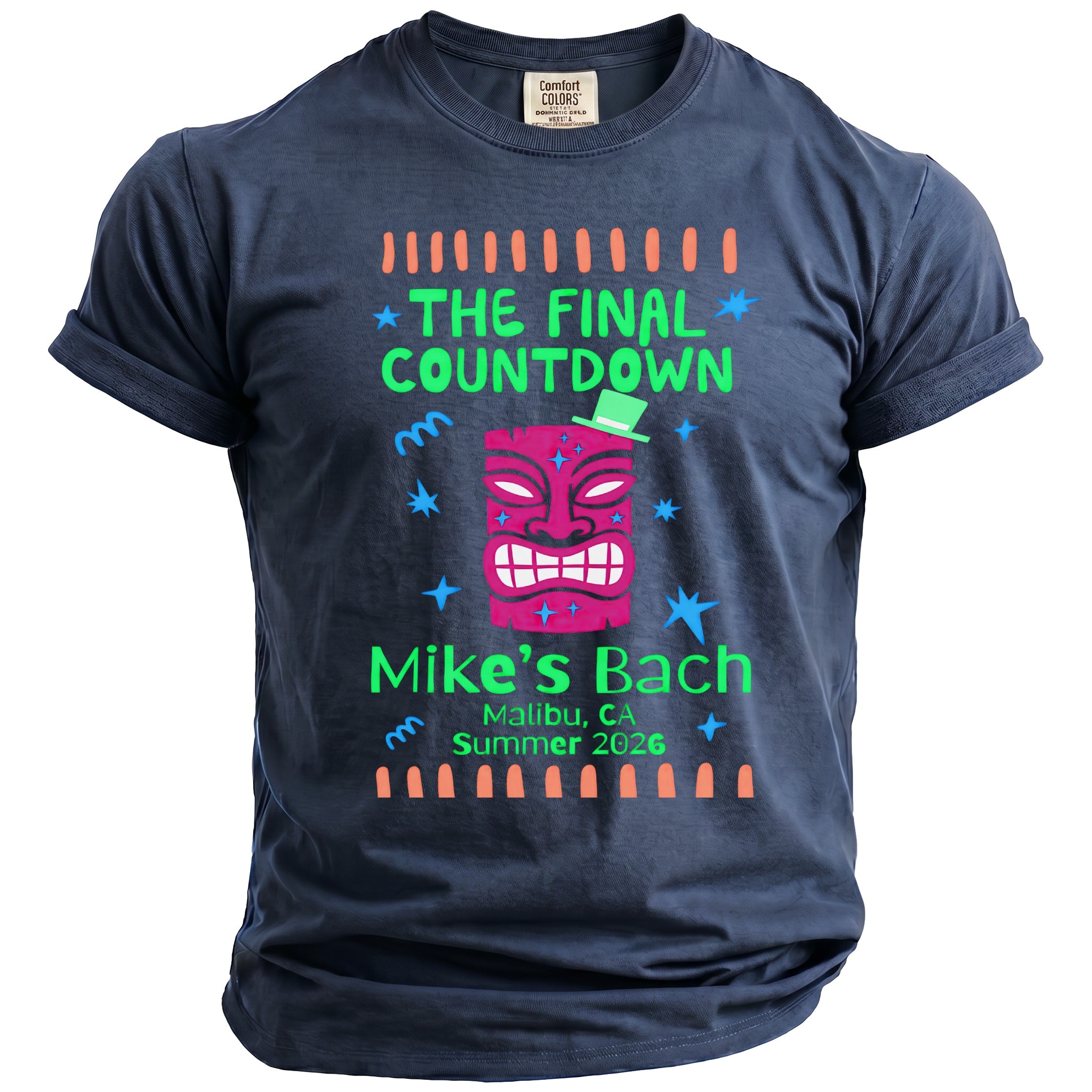 Blue t-shirt with "The Final Countdown" and tiki design for Mike's Bach in Malibu, CA.