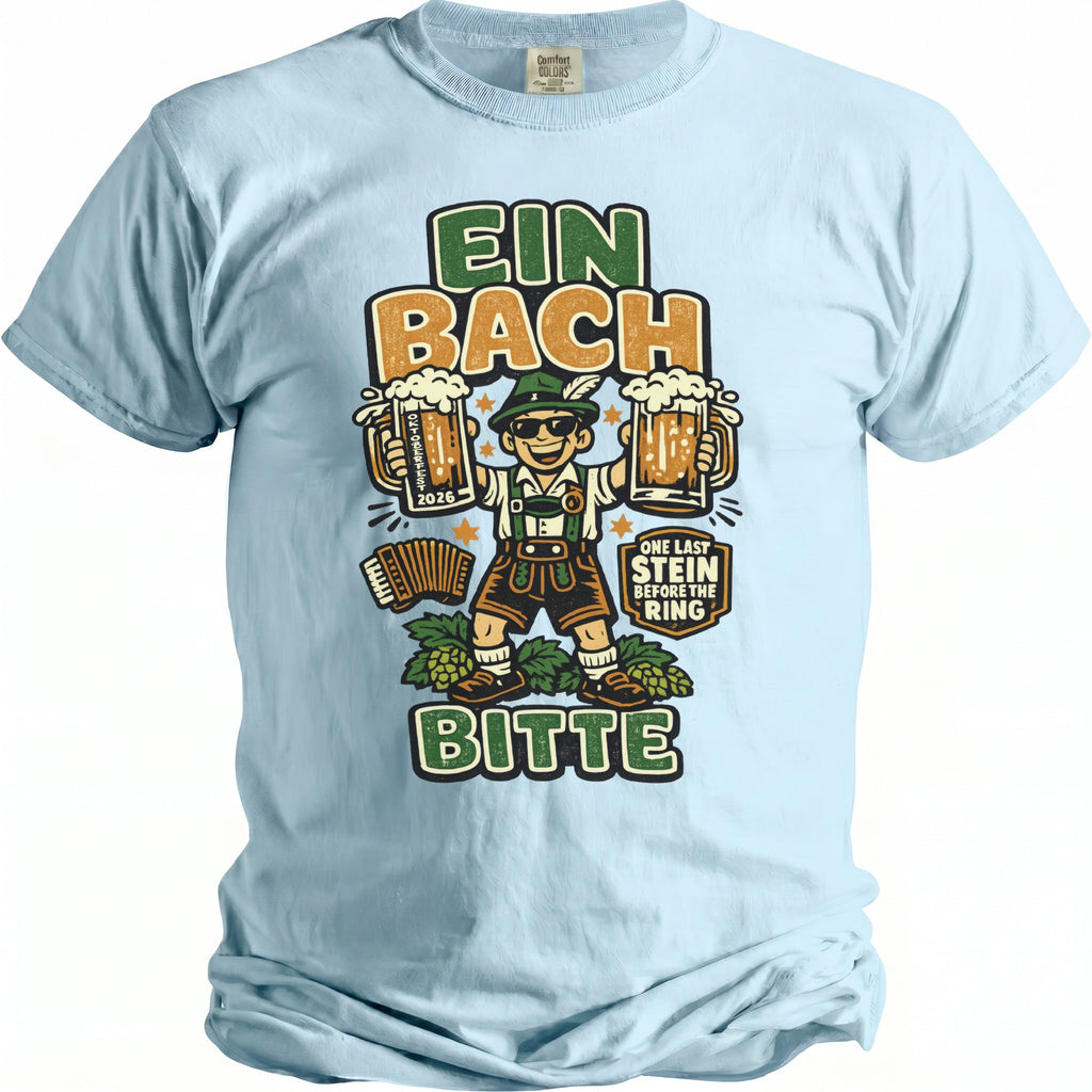 Light blue t-shirt with German text and cartoon of man with beer steins.