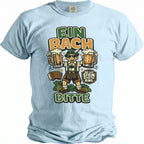 Light blue t-shirt with German text and cartoon of man with beer steins.