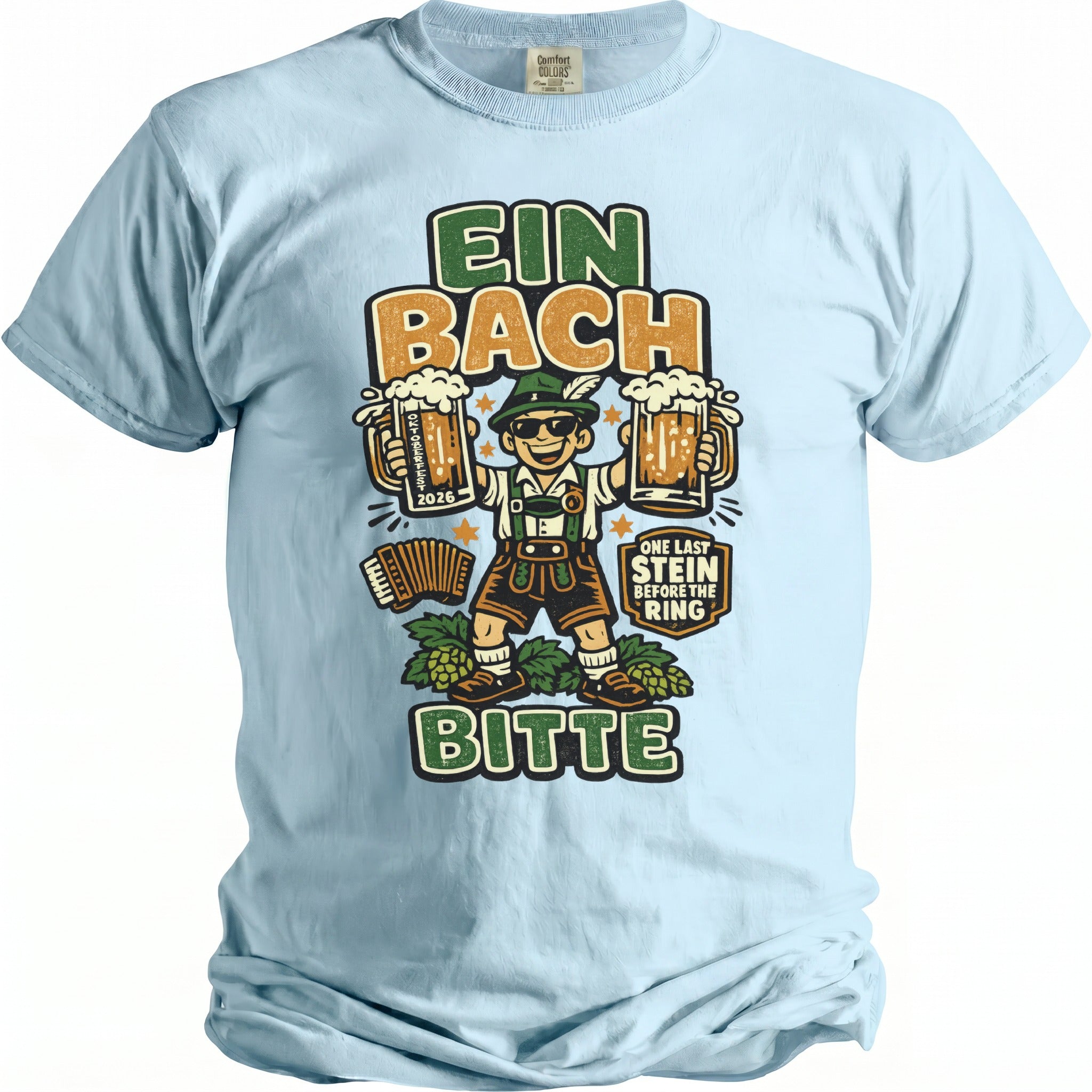 Light blue t-shirt with German text and cartoon of man with beer steins.