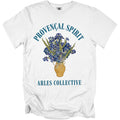 White t-shirt with blue text "PROVENÇAL SPIRIT" and iris bouquet above "ARLES COLLECTIVE".
