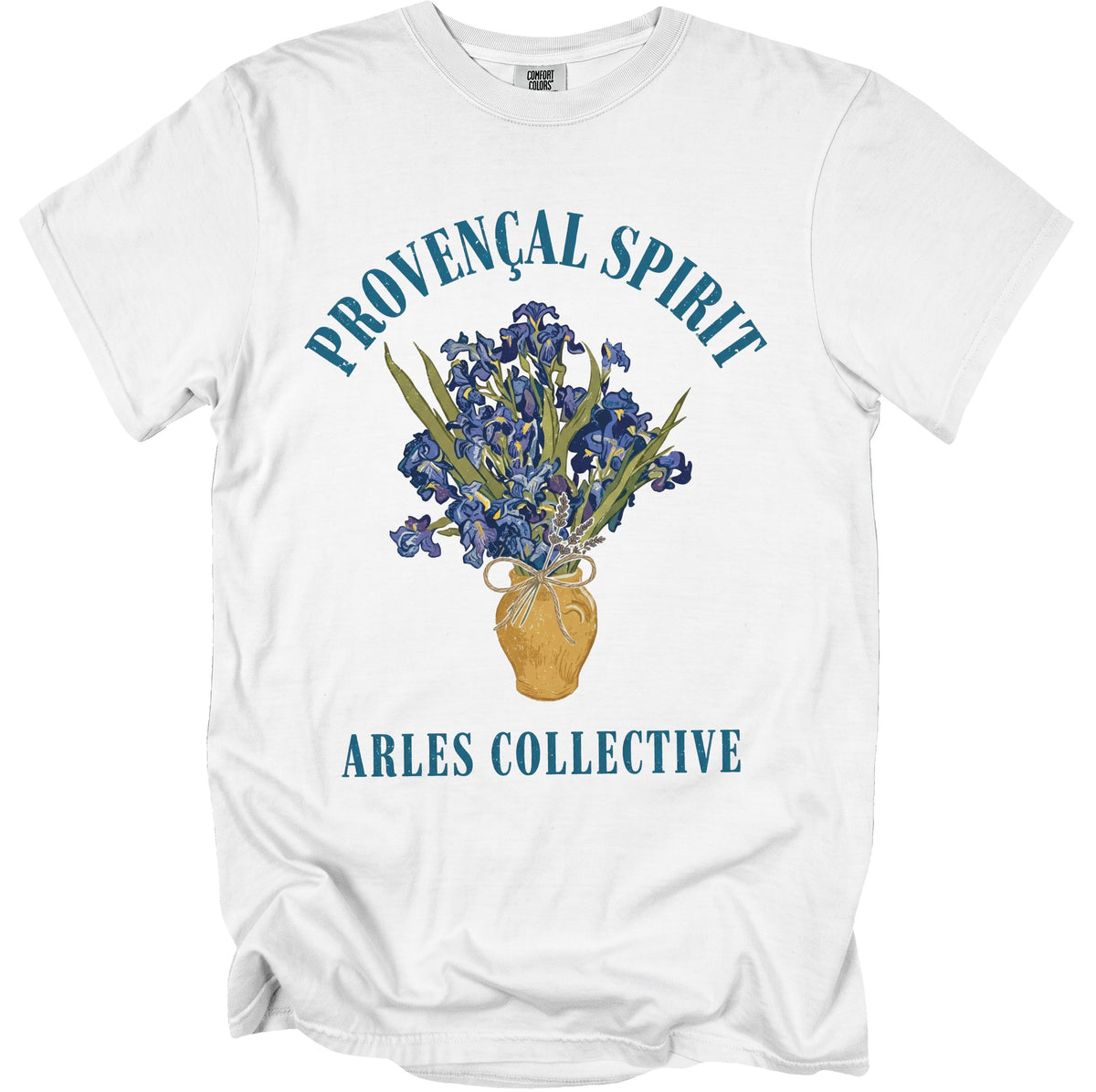 White t-shirt with blue text "PROVENÇAL SPIRIT" and iris bouquet above "ARLES COLLECTIVE".