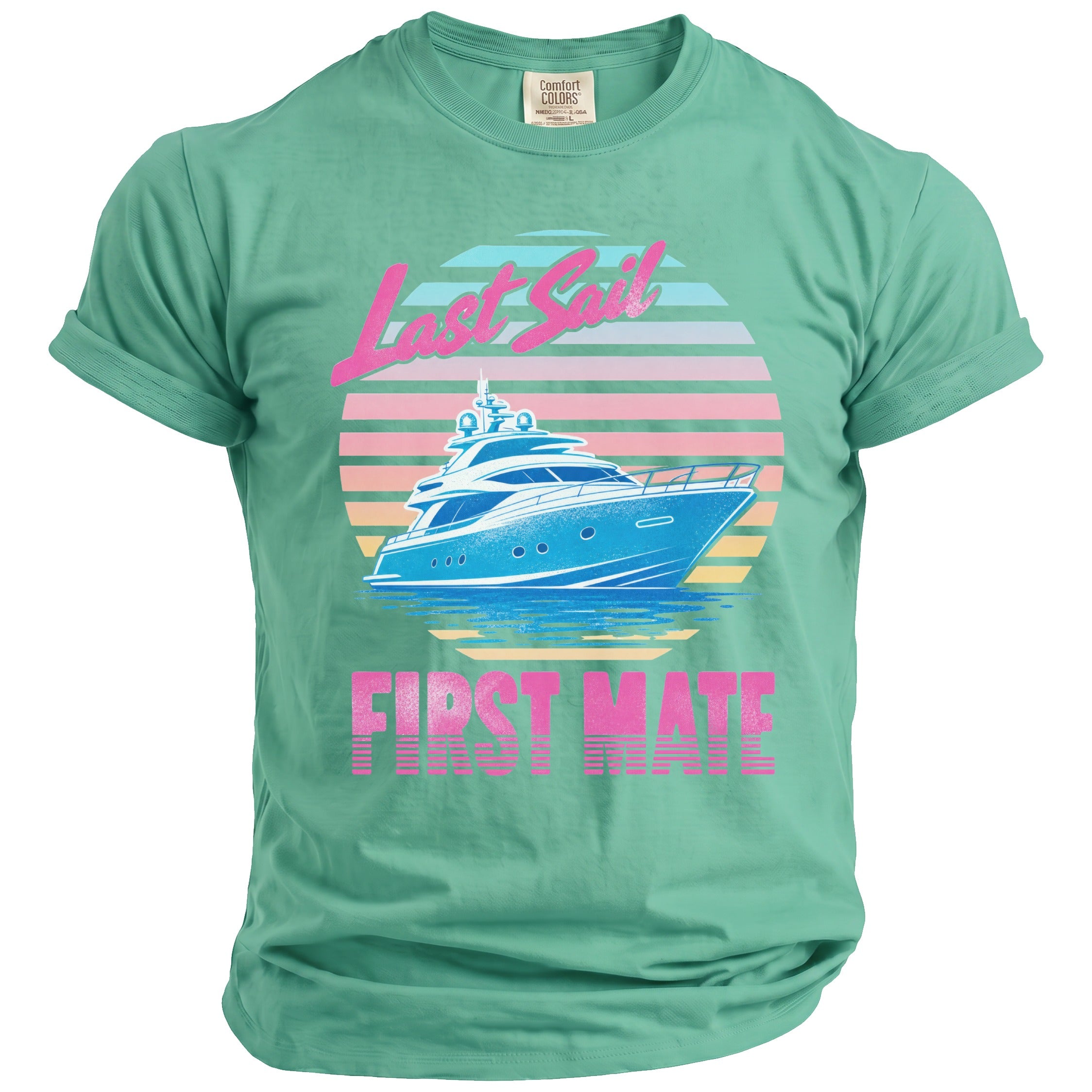 A green t-shirt with a vintage graphic of a blue yacht, sunset stripes, and the text Last Sail First Mate.