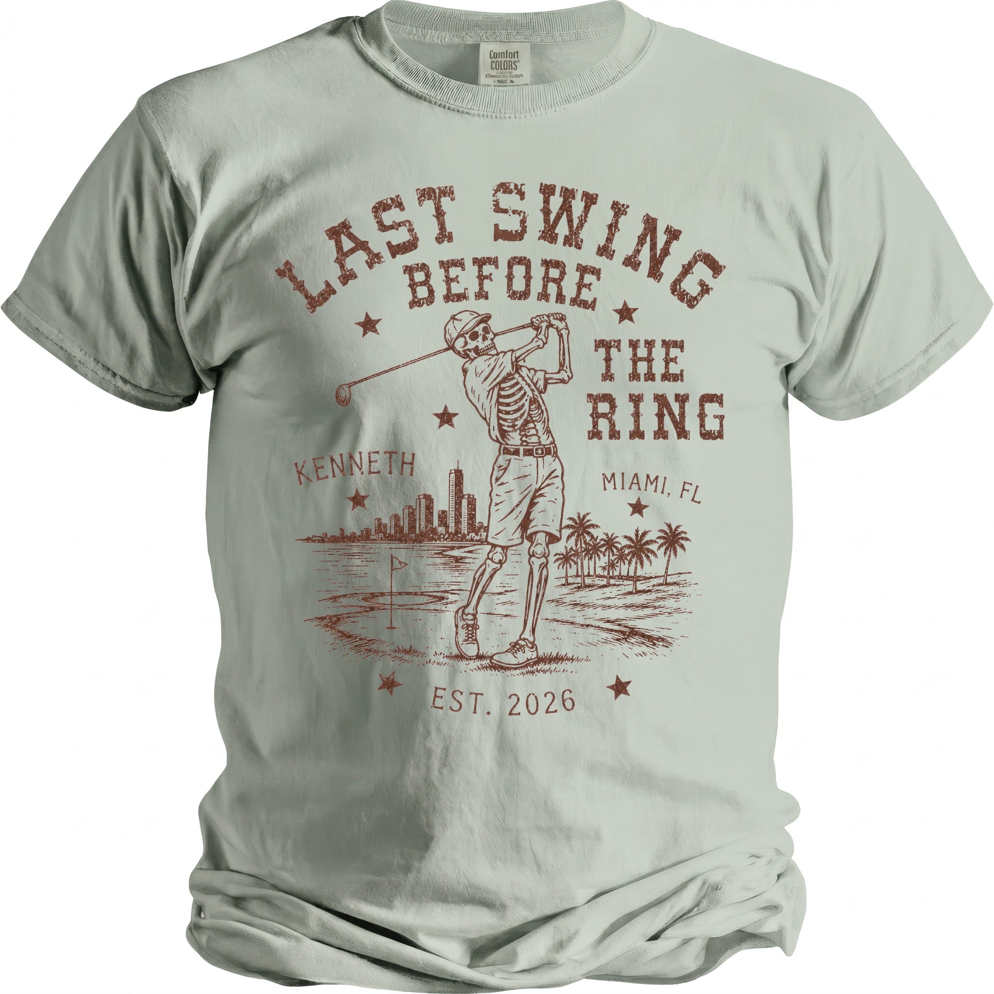 Skeleton golfer graphic with text: Last Swing Before The Ring, Kenneth, Miami, FL.