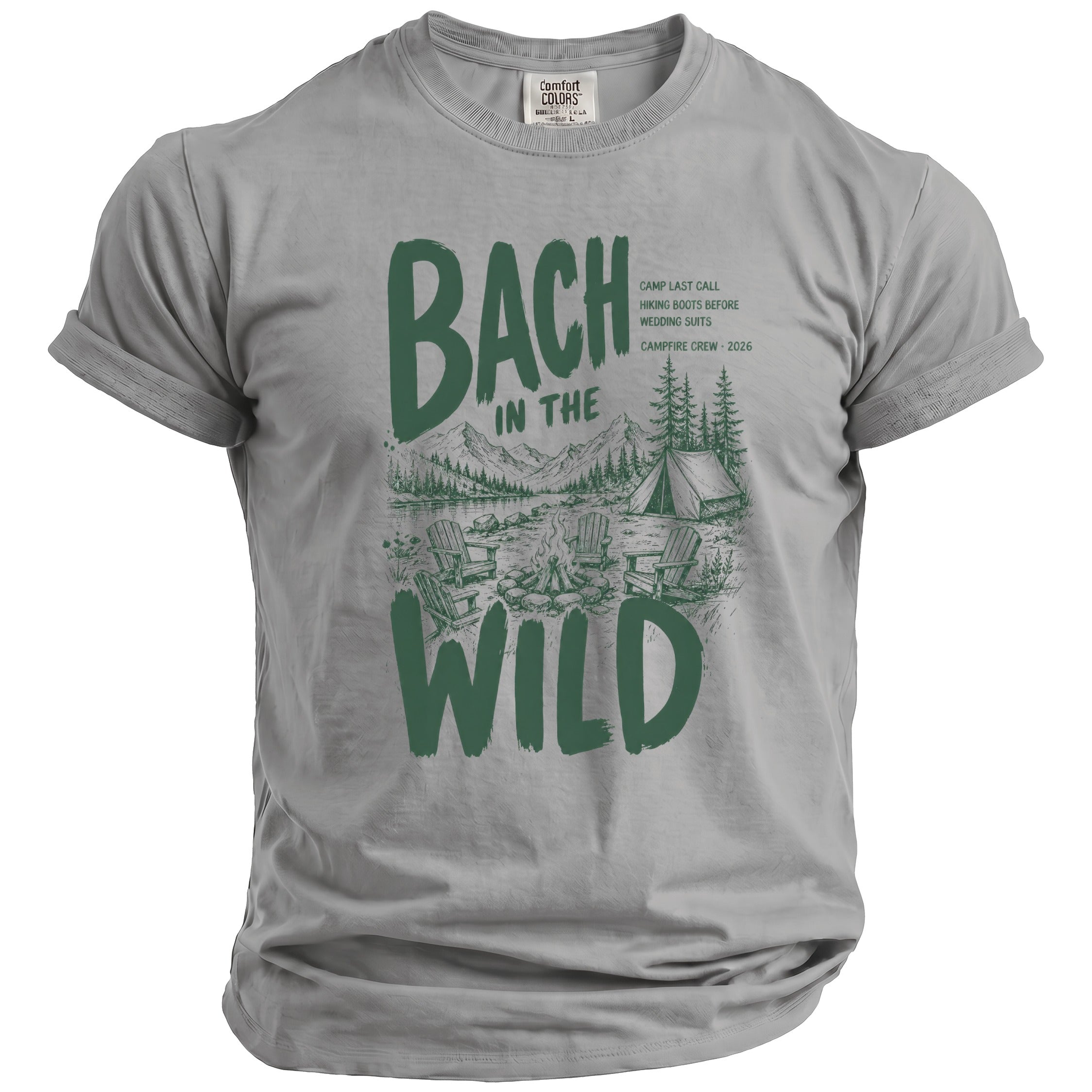 Grey t-shirt with "Bach In The Wild" text and camping graphic.