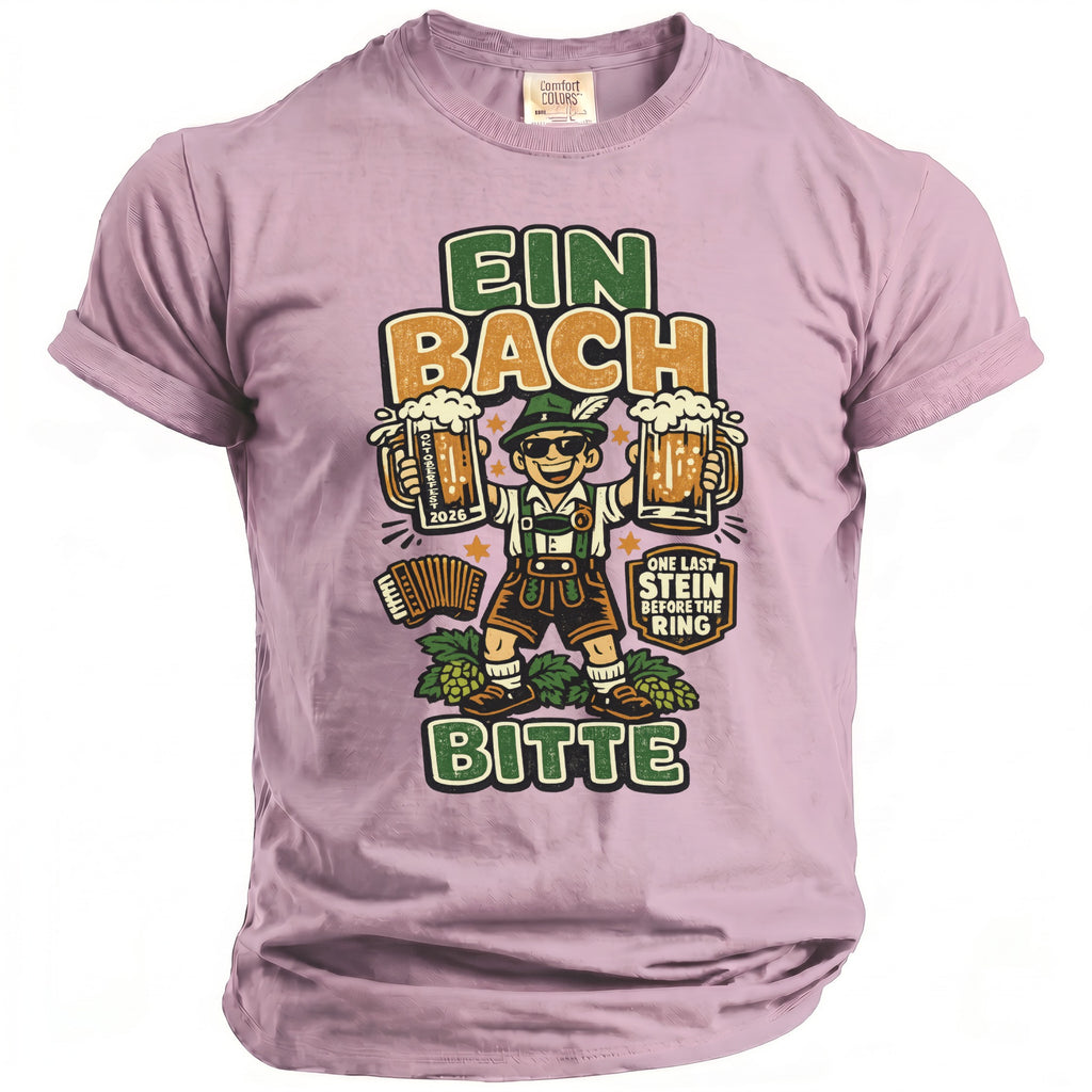 Oktoberfest graphic with man holding beer mugs, accordion, and text "EIN BACH BITTE"