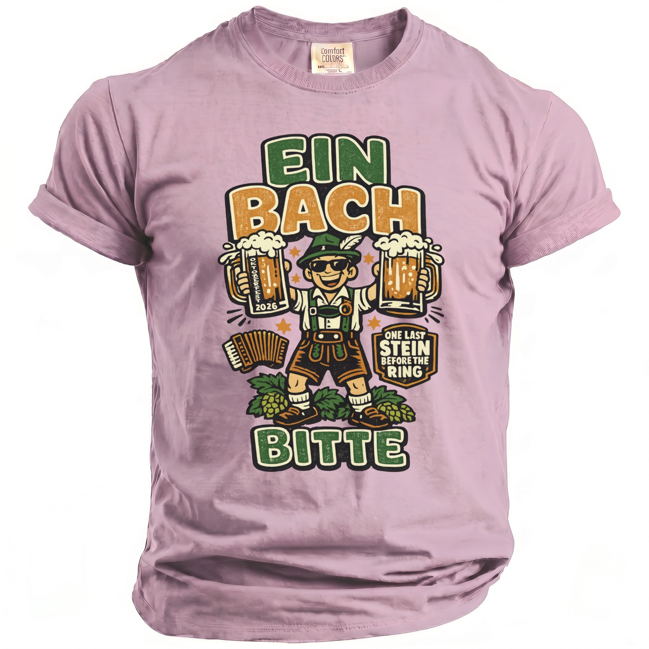 Oktoberfest graphic with man holding beer mugs, accordion, and text "EIN BACH BITTE"
