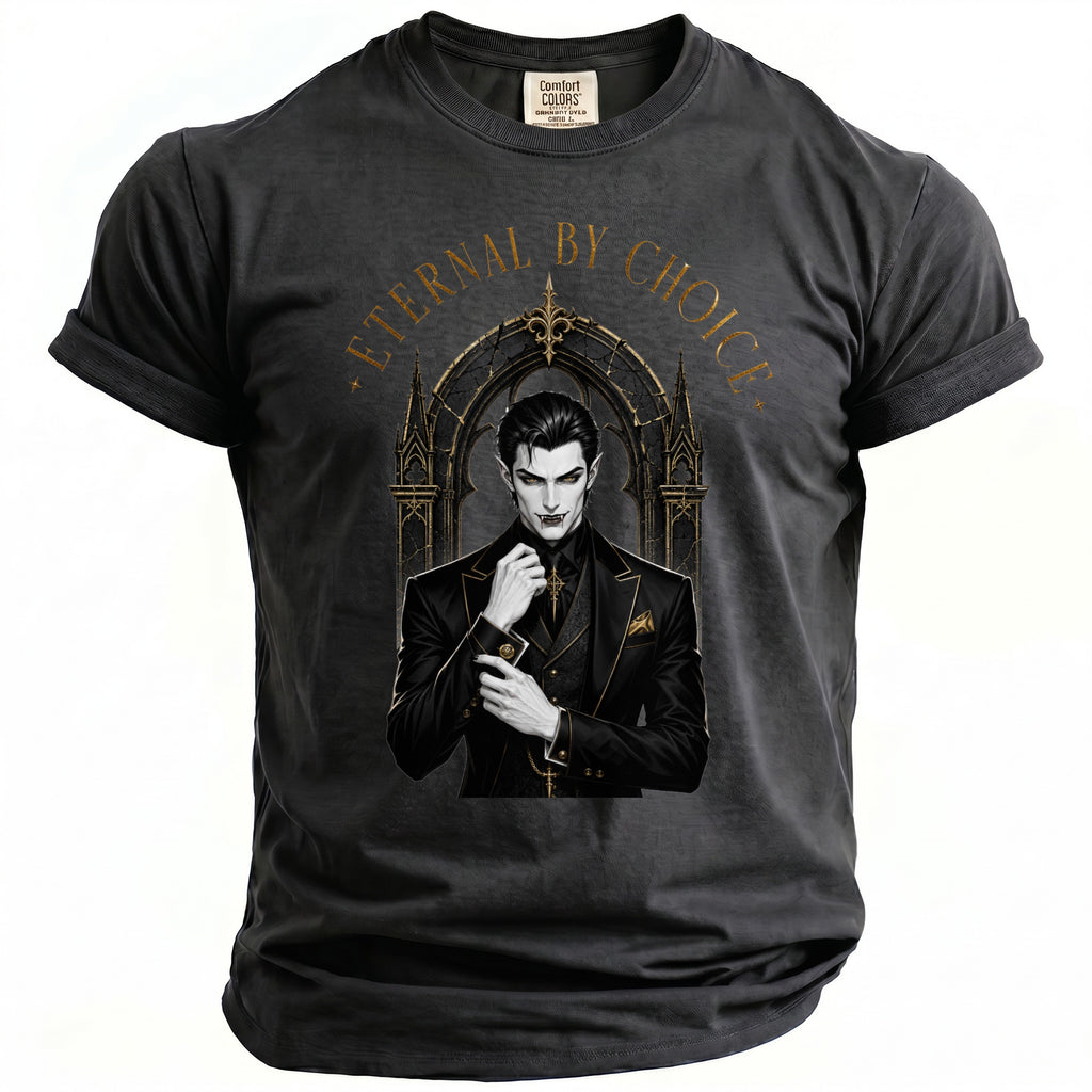 Dark t-shirt with a vampire graphic and "Eternal by Choice" text.