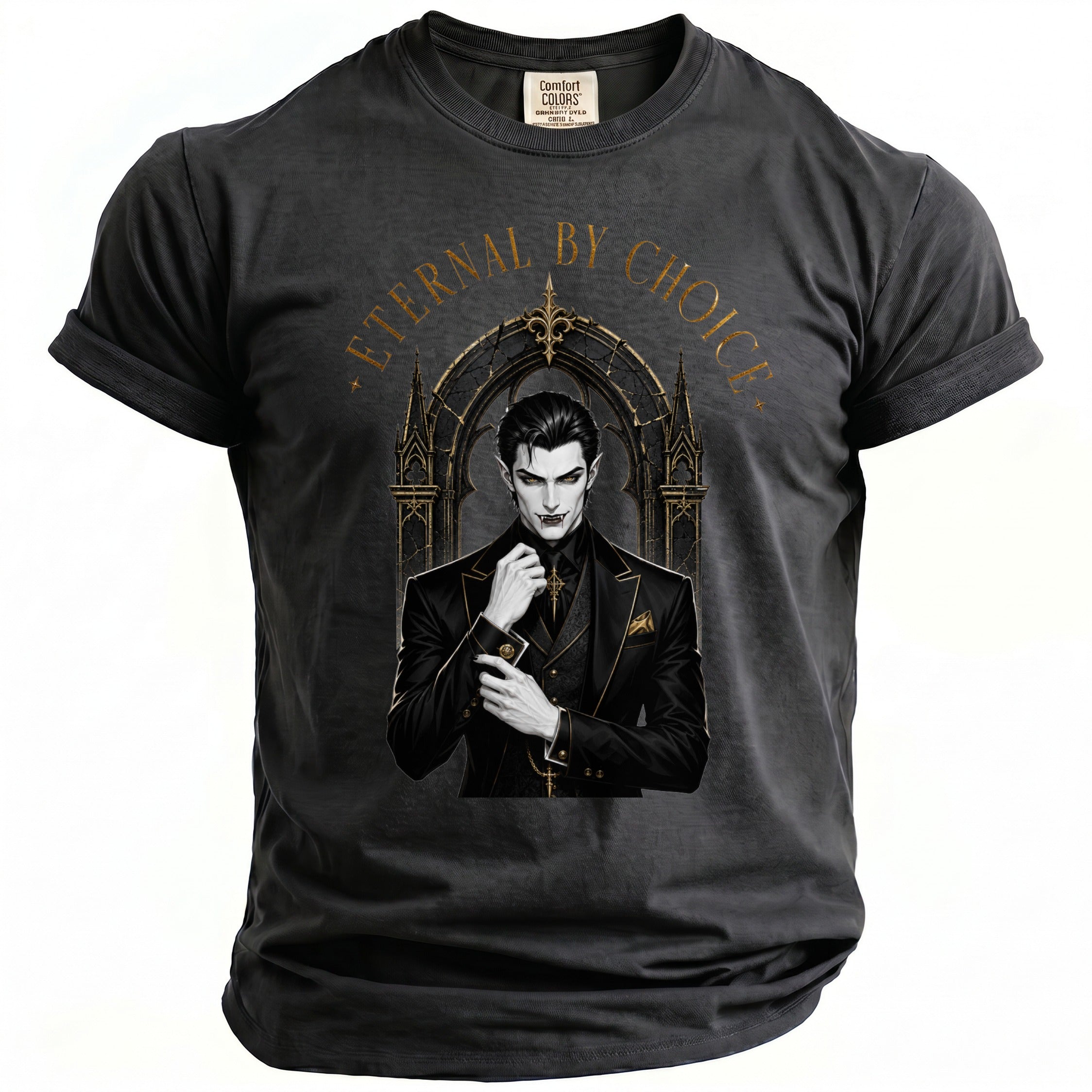 Dark t-shirt with a vampire graphic and "Eternal by Choice" text.