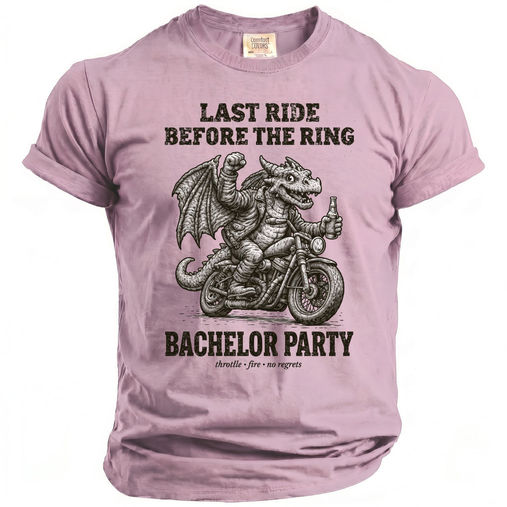 Dragon on motorcycle with beer reads "Last Ride Before the Ring Bachelor Party."