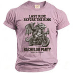 Dragon on motorcycle with beer reads "Last Ride Before the Ring Bachelor Party."