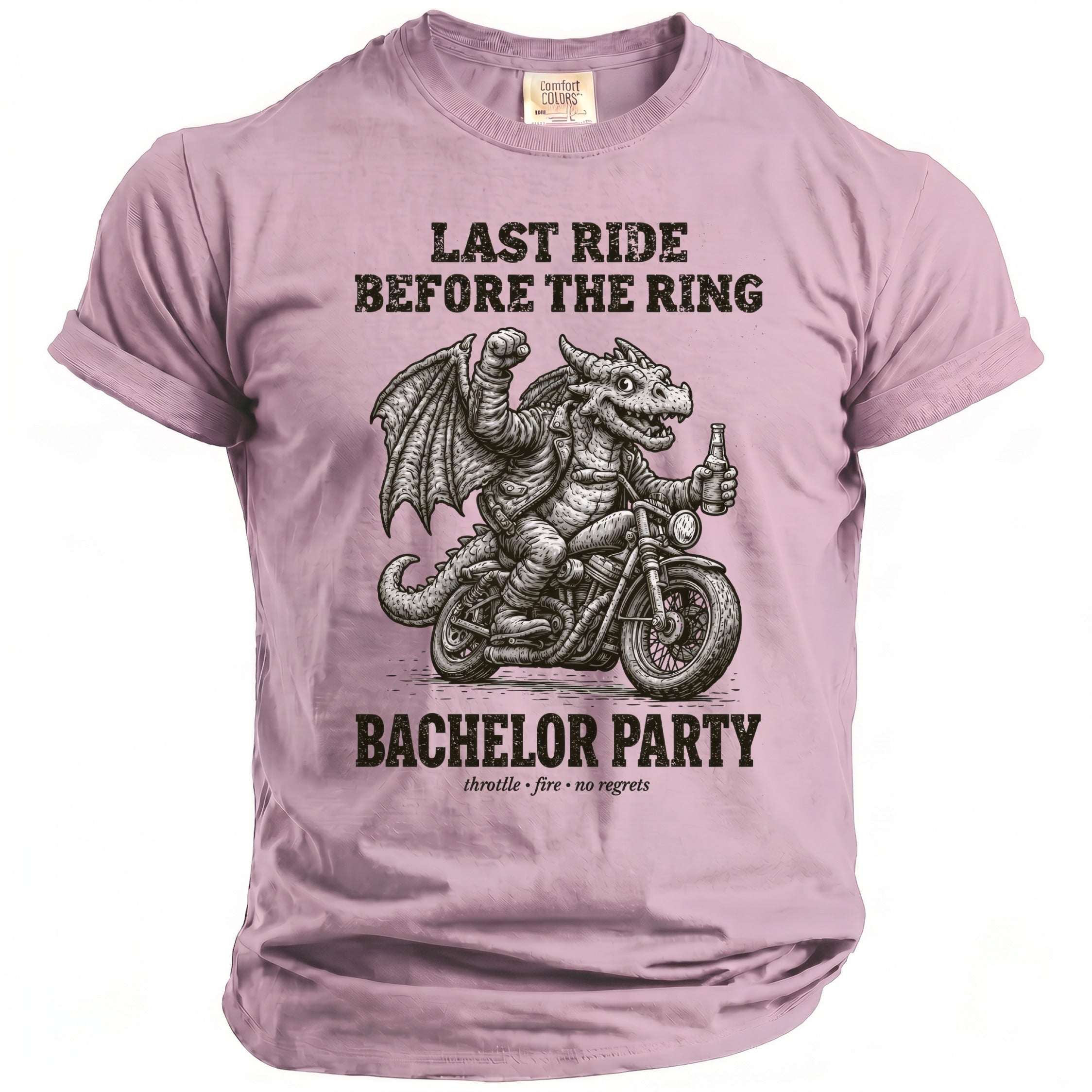 Dragon on motorcycle with beer reads "Last Ride Before the Ring Bachelor Party."