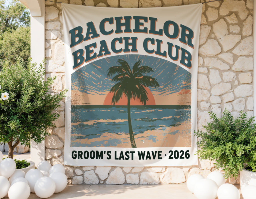 Bachelor Beach Club tapestry with palm tree sunset and text Groom's Last Wave 2026.