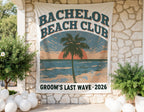 Bachelor Beach Club tapestry with palm tree sunset and text Groom's Last Wave 2026.