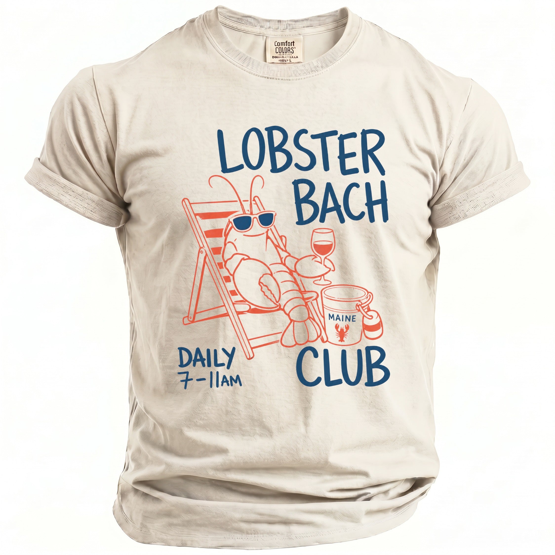 Lobster Bach Club with lobster in sunglasses on chair, wine, and bucket.