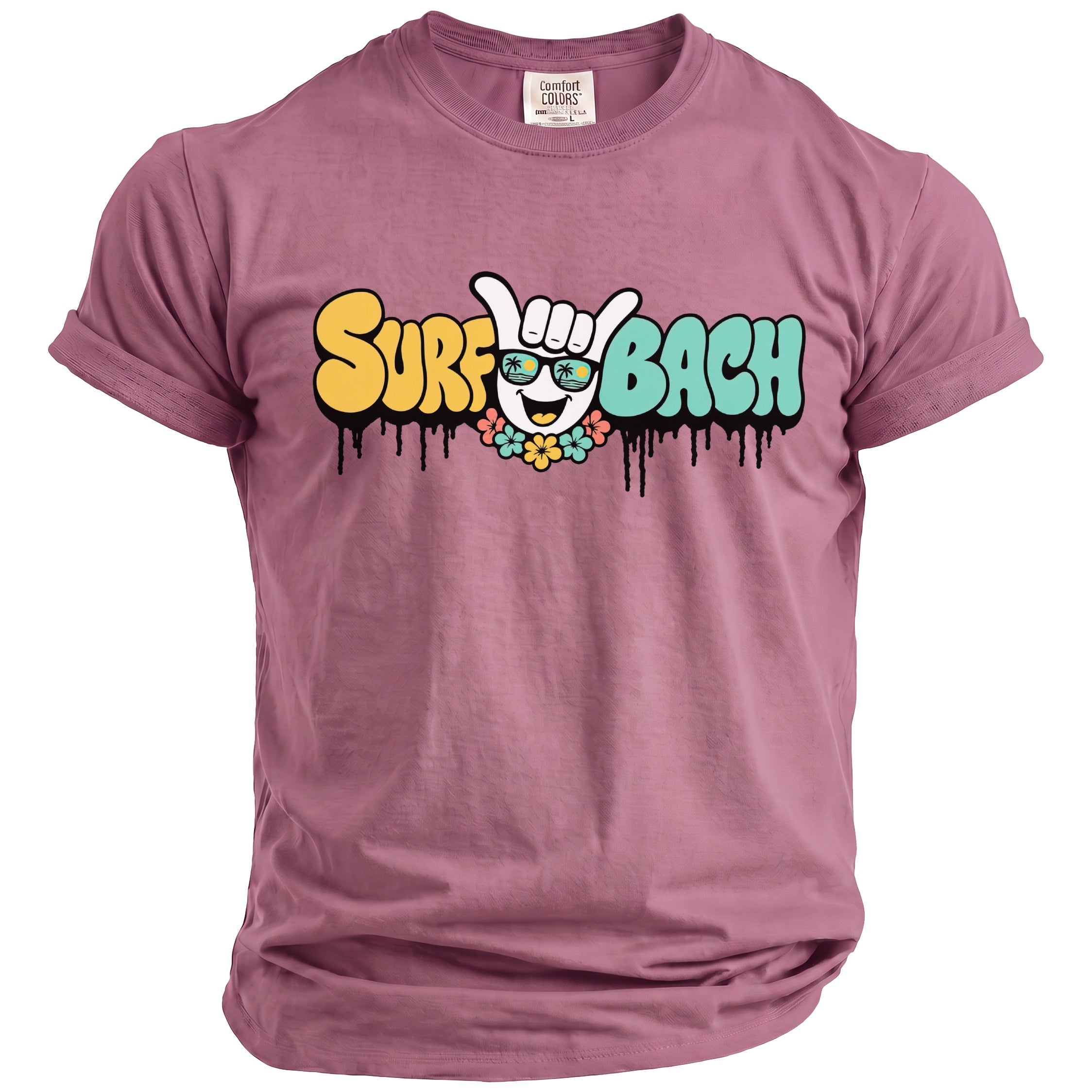 Rose t-shirt with yellow and teal "Surf Bach" text and smiling sun graphic.