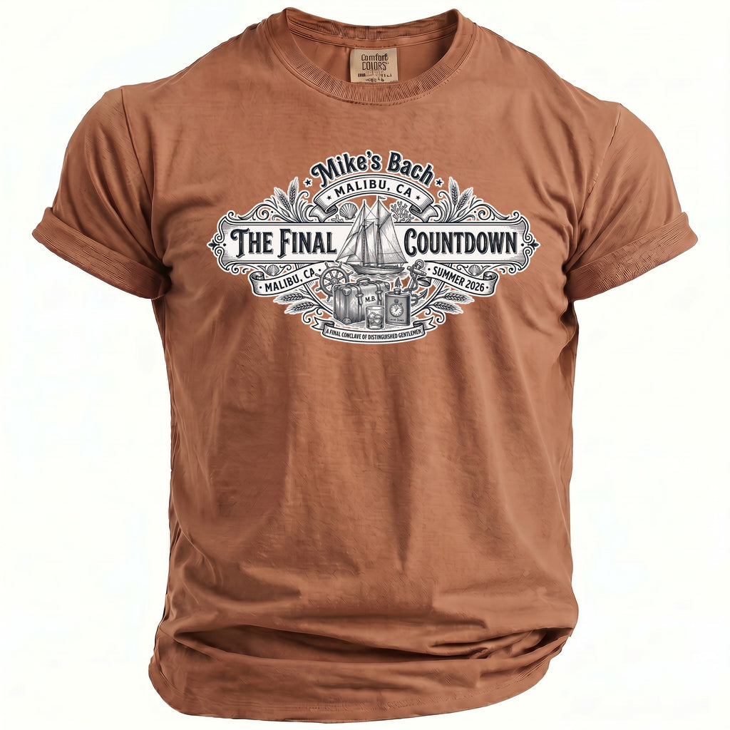 Brown t-shirt with "Mike's Bach Malibu CA The Final Countdown Summer 2026" graphic.