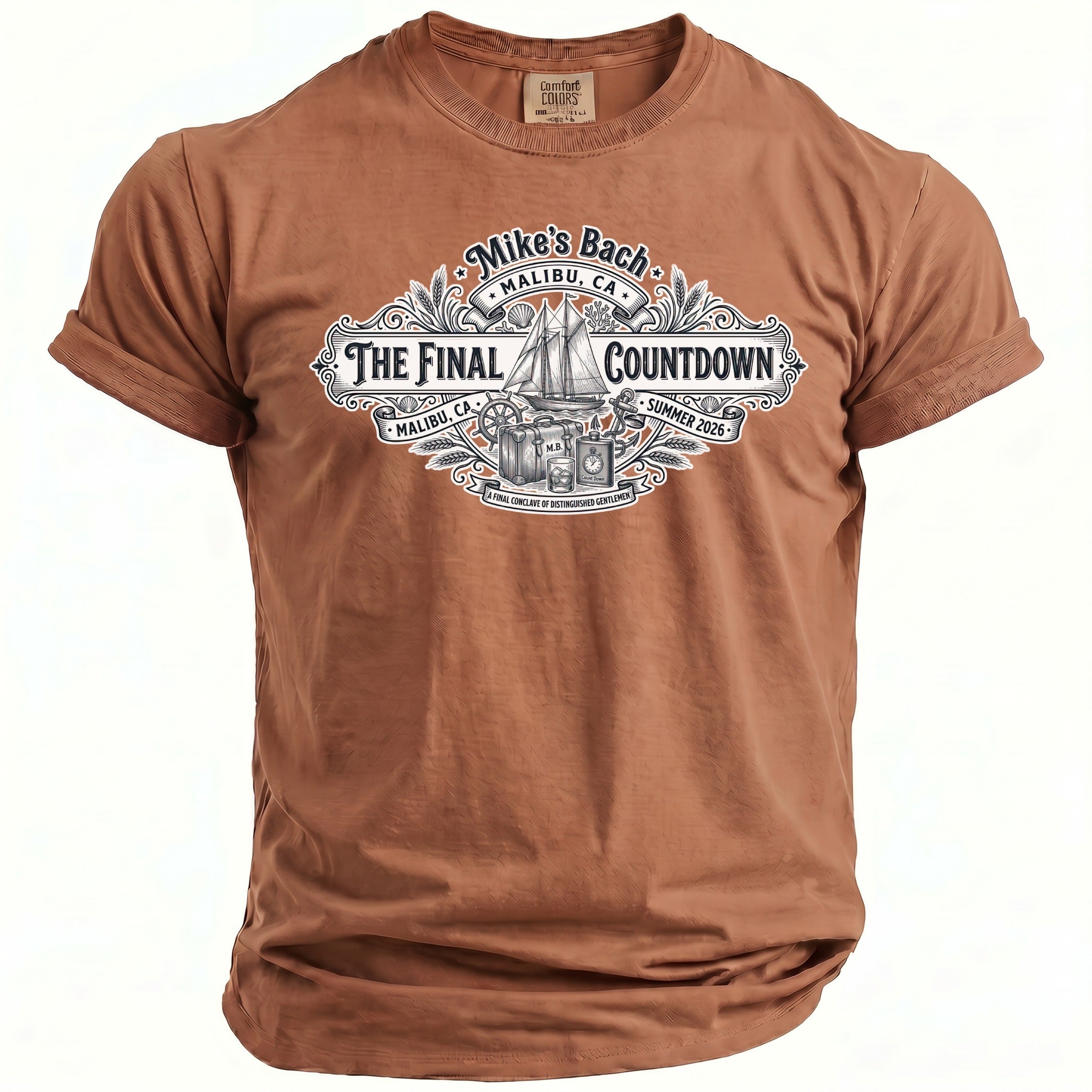 Brown t-shirt with "Mike's Bach Malibu CA The Final Countdown Summer 2026" graphic.